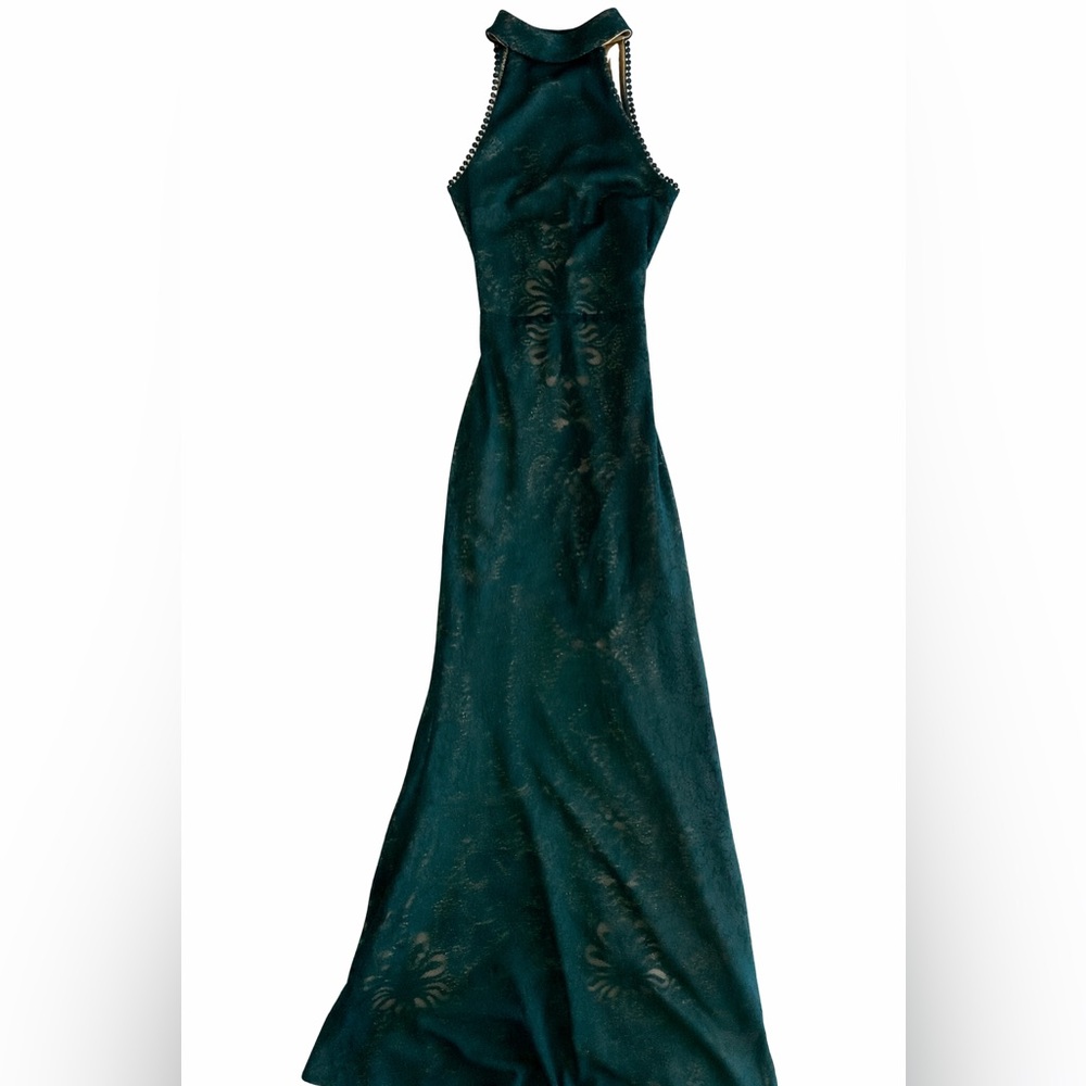 Va Va Voom Dark BodyCon Teal Lace Halter Maxi Formal Dress